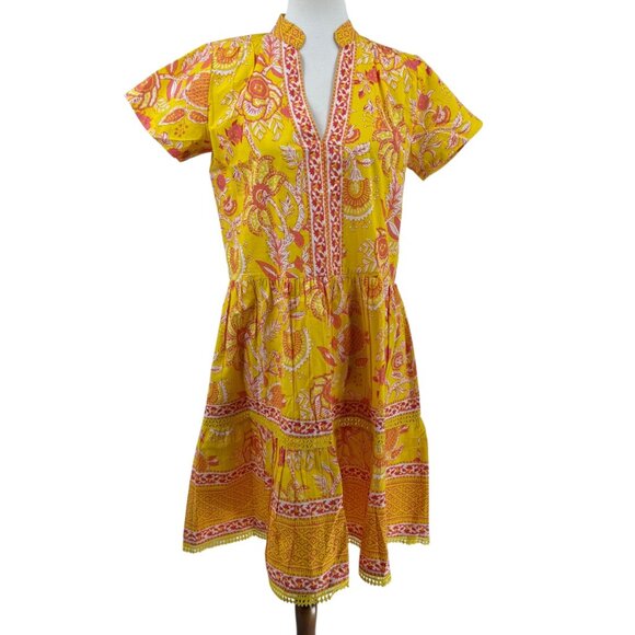 La Plage Dresses & Skirts - La Plage S Yellow Coral Floral Block Print Dress Short Sleeve, 100% Cotton
